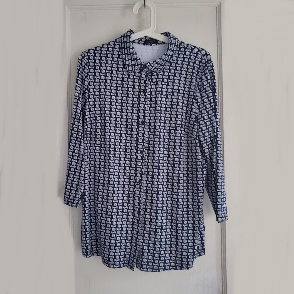 Women's TALBOTS Stretch Long Sleeve Chain Link Navy Blue White Shirt Sz L EUC